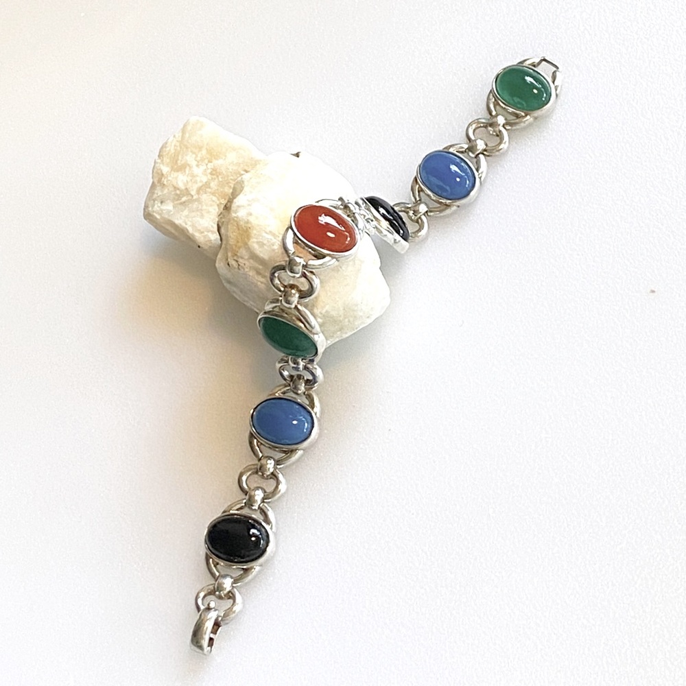 VTG-Sterling Silver 925 Multi Color Onyx, Carnelian & Chalcedony Link Bracelet - Picture 2 of 14